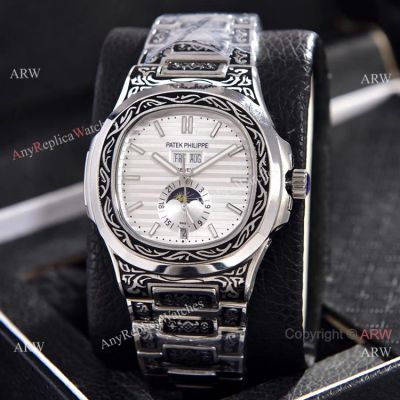 Copy Patek Philippe Nautilus Annual Calendar Watches Silver Dial Engraving Case